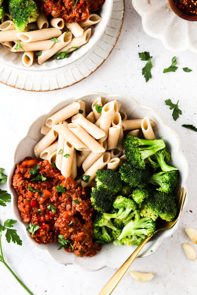 whole30 sloppy joe bowls in a bowl with broccoli and pasta