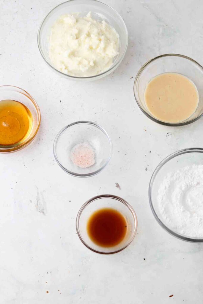 dairy free frosting ingredients laid out in bowls