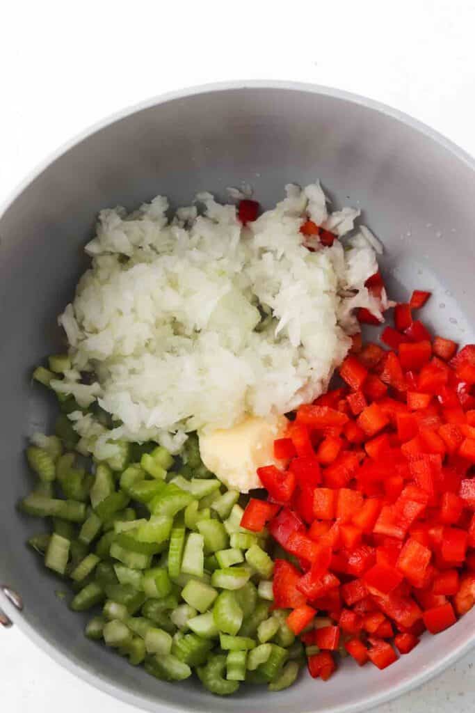 sauteed peppers, celery and onions in a pan