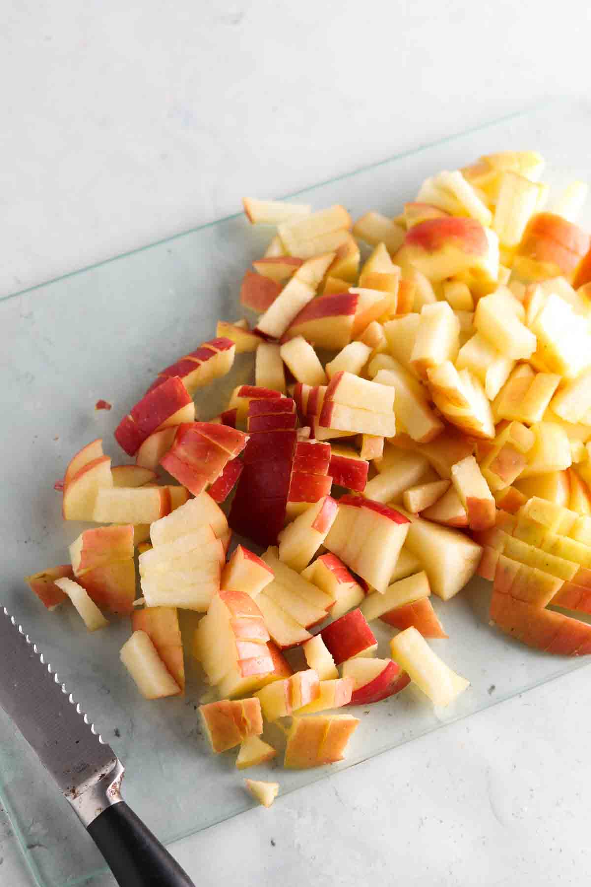 Chopped apples on a cutting board. 