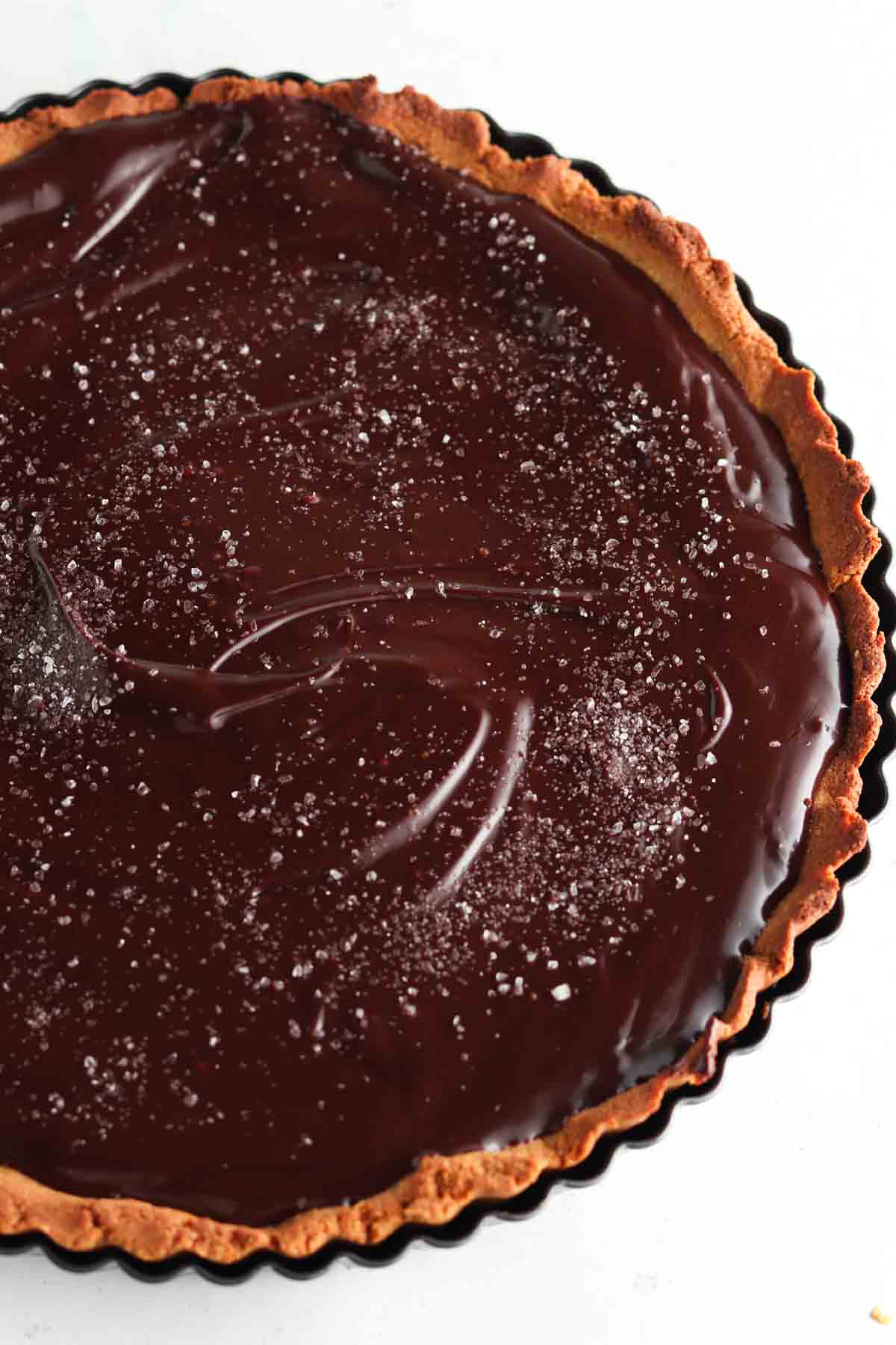 Silky chocolate ganache layered on top of tart crust.