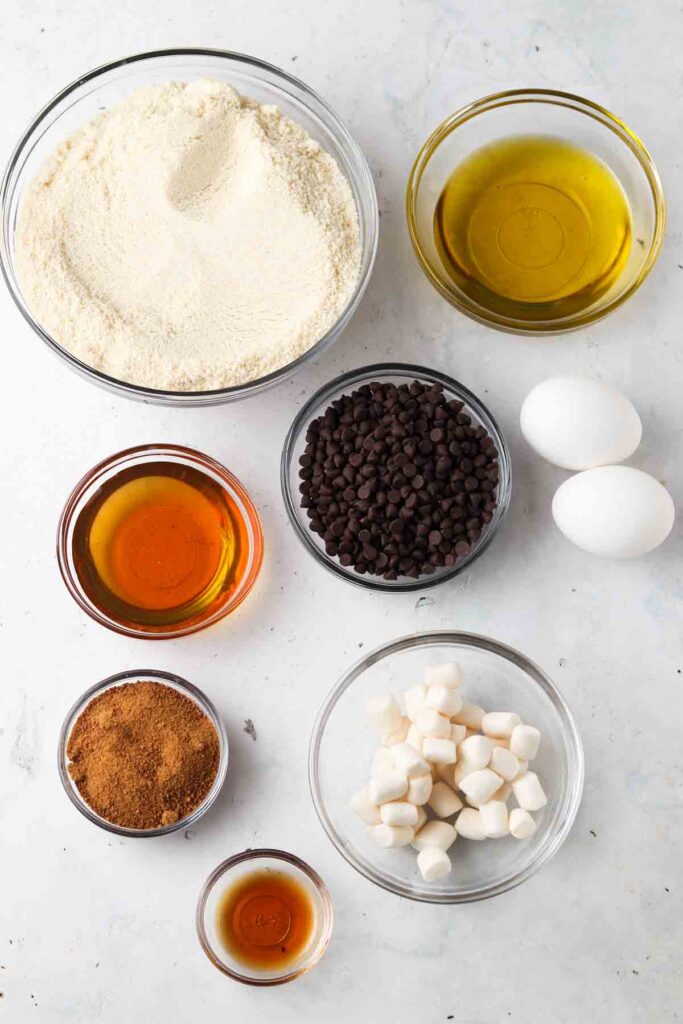 cookie ingredients laid out in bowls