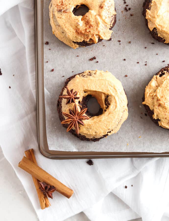 Gluten Free Chocolate Donuts with Pumpkin Maple Frosting