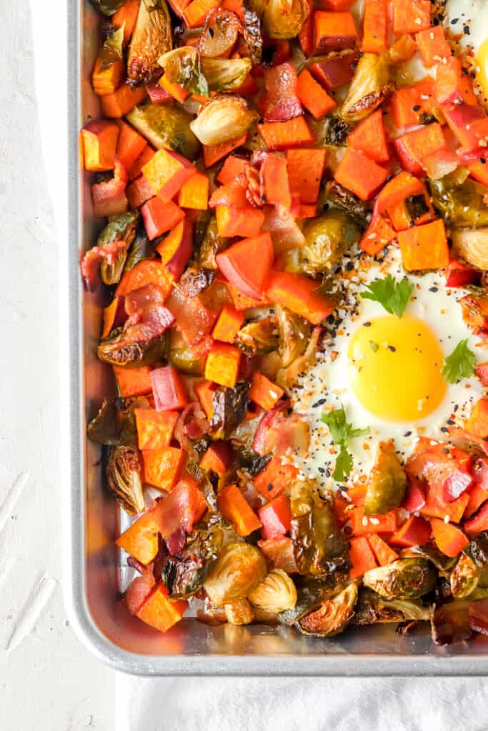 Sweet Potato, Brussels Sprout, Bacon Breakfast Sheet Pan - Allianna's ...