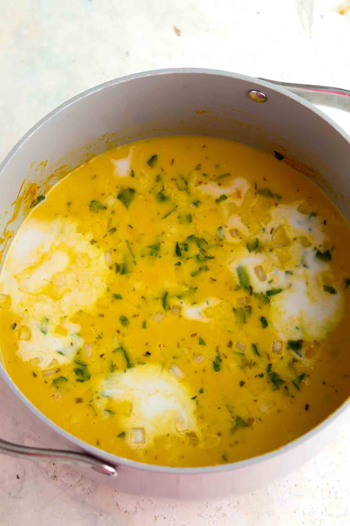 Chicken carrot pumpkin soup in a dutch oven.