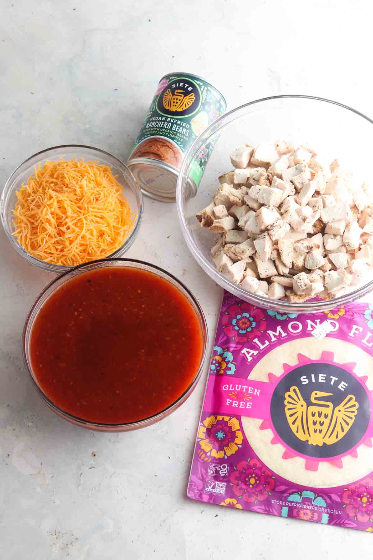 Enchilada ingredients laid out on the counter. 