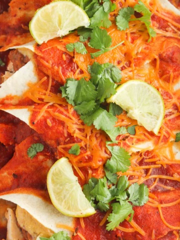 Enchiladas in a casserole dish with a lime, cilantro and dairy free cheese on top.