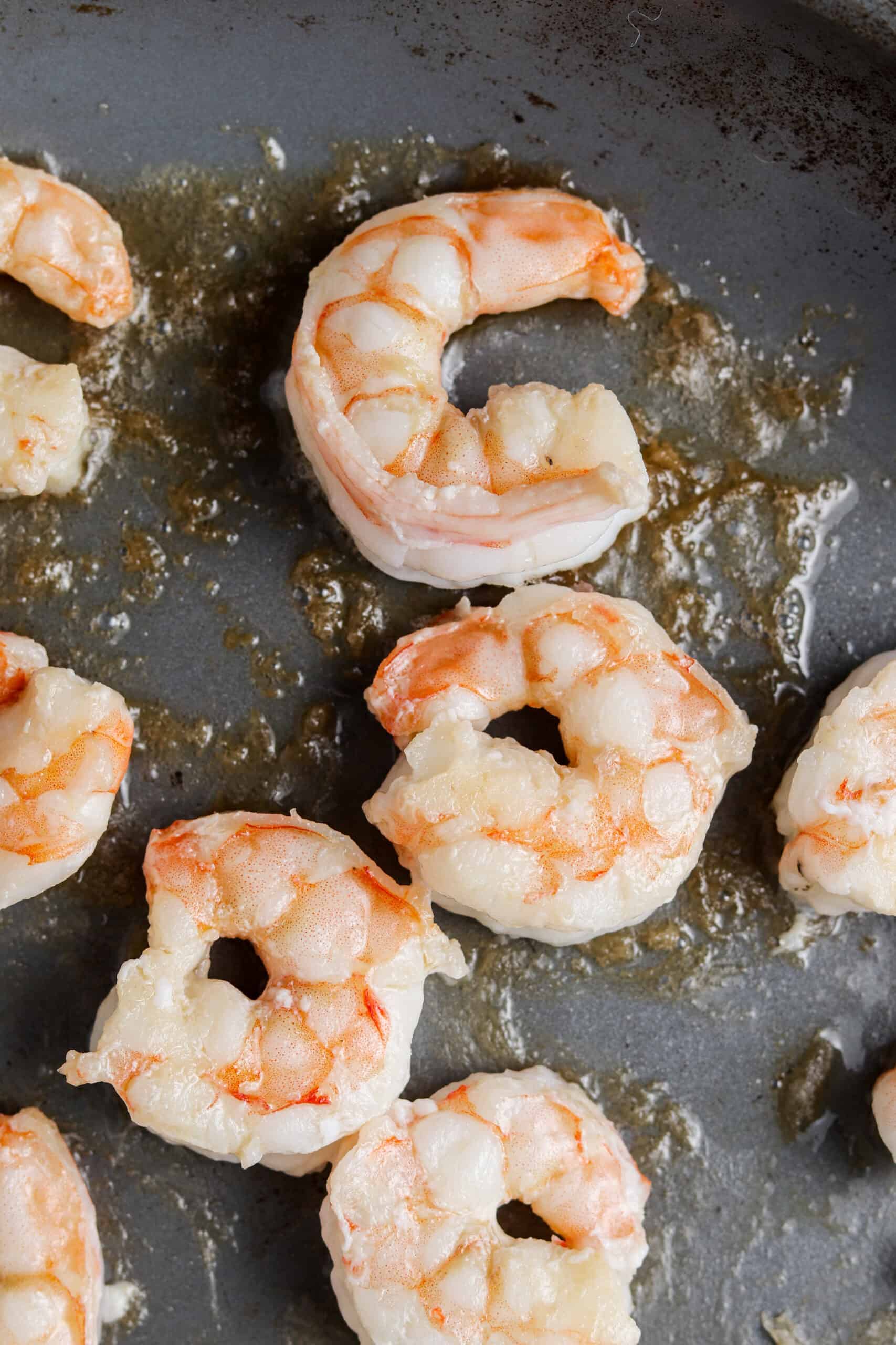 Cooked shrimp in a pan. 