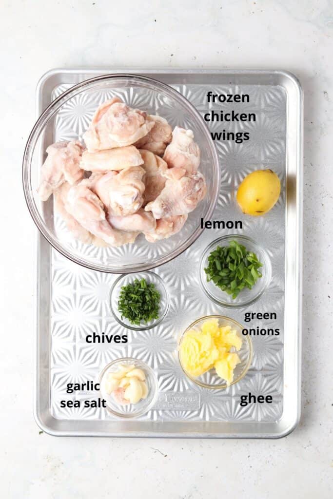 butter garlic butter wing ingredients on a metal tray