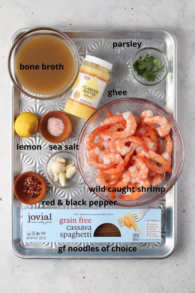 gluten free shrimp scampi ingredients on a metal tray