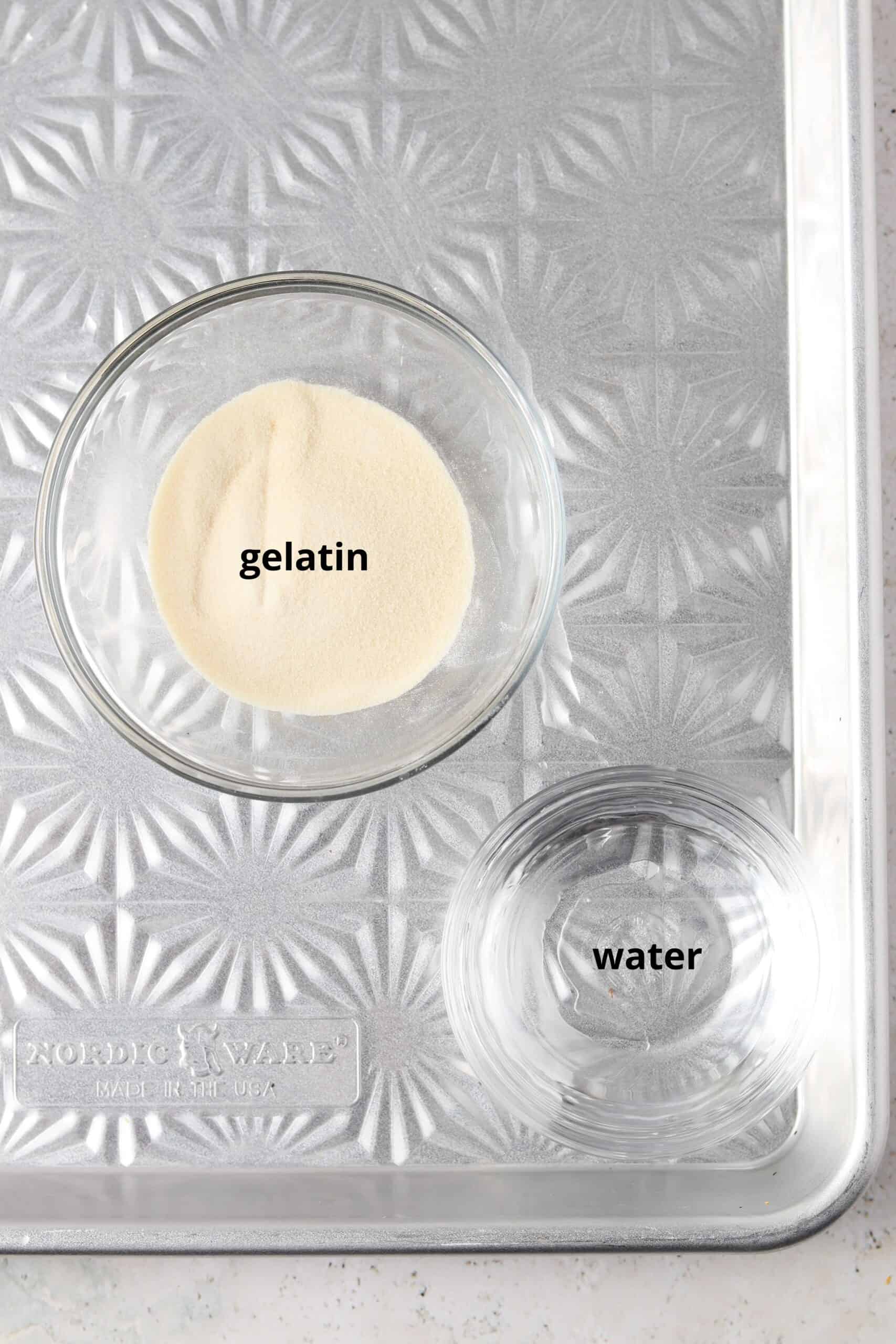 Aip gelatin egg ingredients on a tray in small glass bowl. 