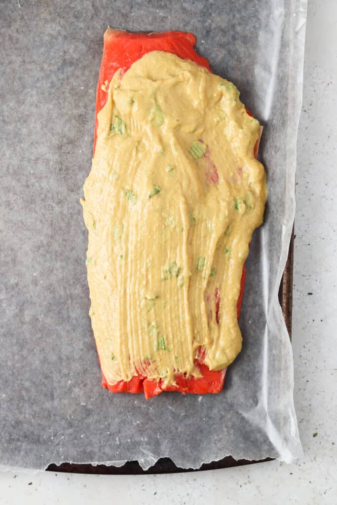 raw uncooked salmon on a baking dish