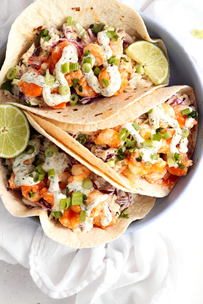 far out shot of the buffalo shrimp tacos