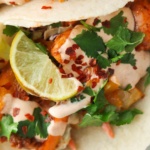 Close up photo of shrimp tacos.
