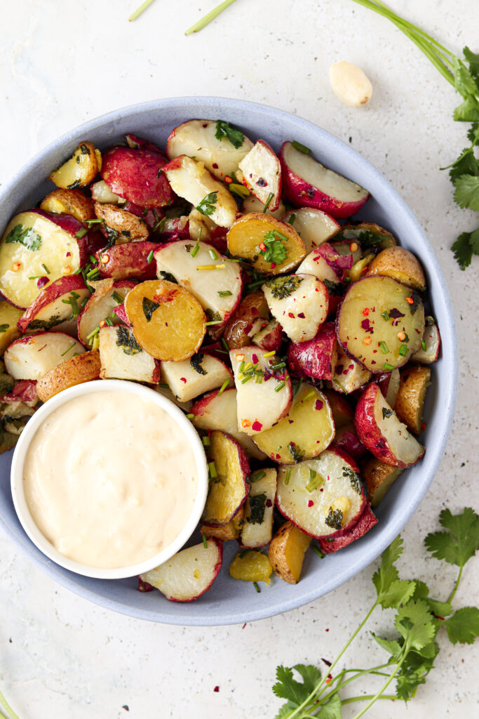 crispy potatoes on a blue plate