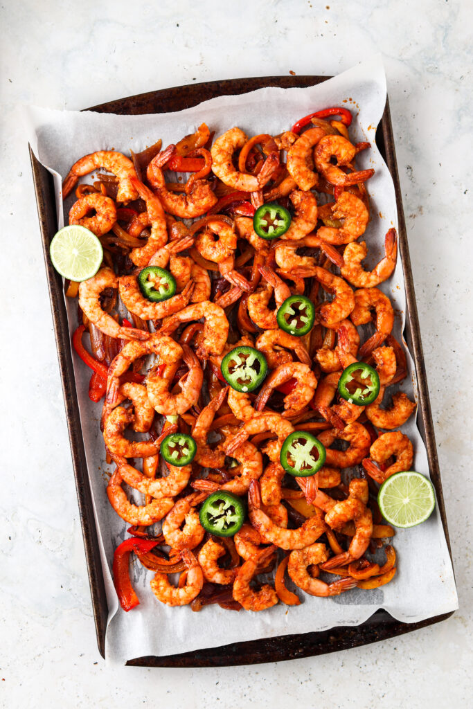 paleo sheet pan shrimp tacos on a tray