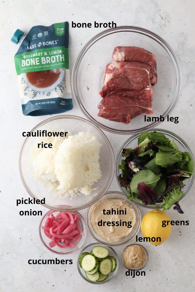 shredded lamb powder bowl ingredients laid out