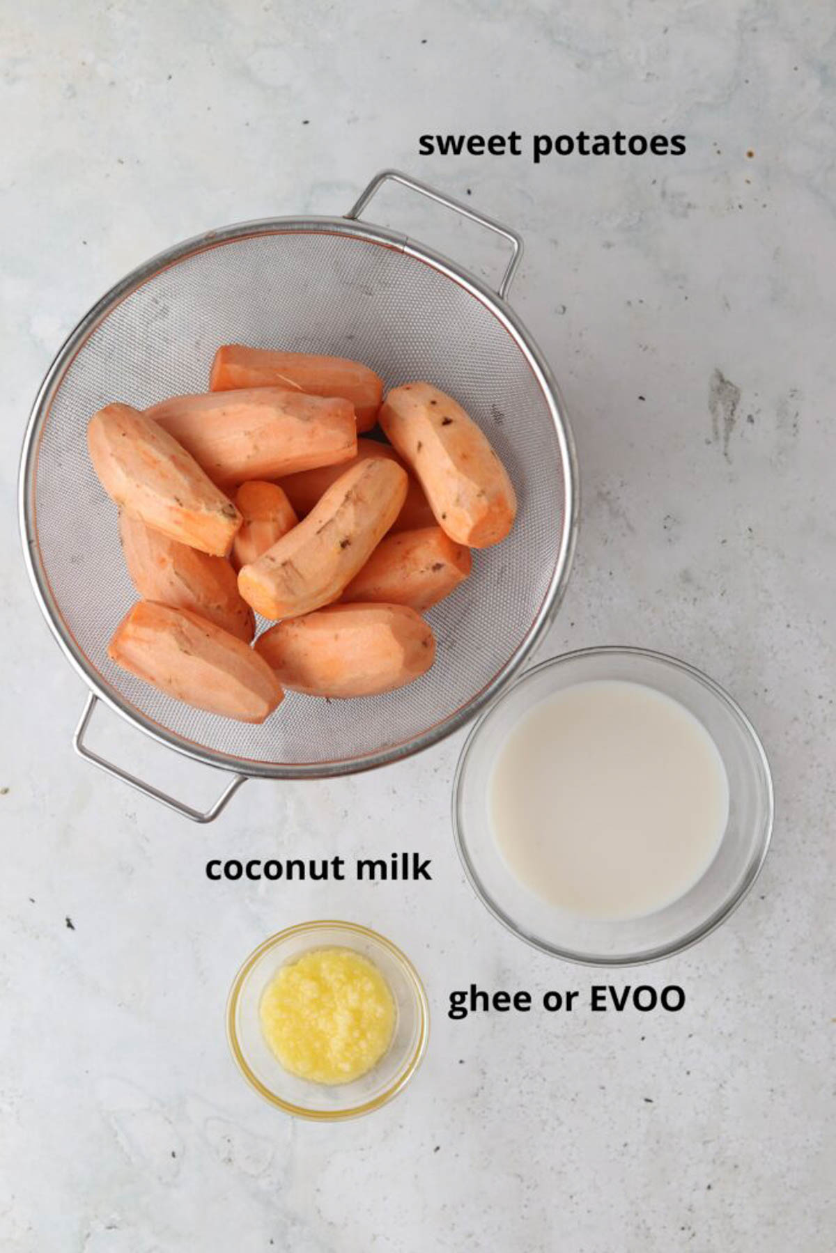 Vegan sweet potato mash ingredients in small glass bowls.