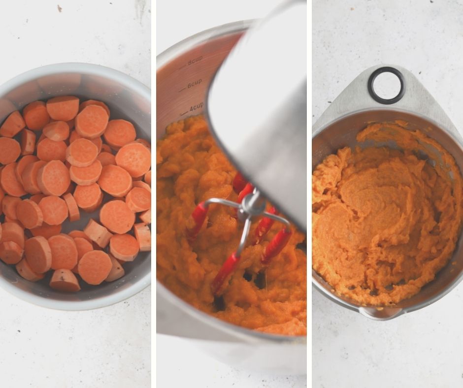 process shots of how to make vegan sweet potato mash