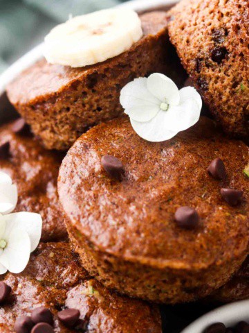 close up photo of zucchini muffins on a plate with chocolate chips