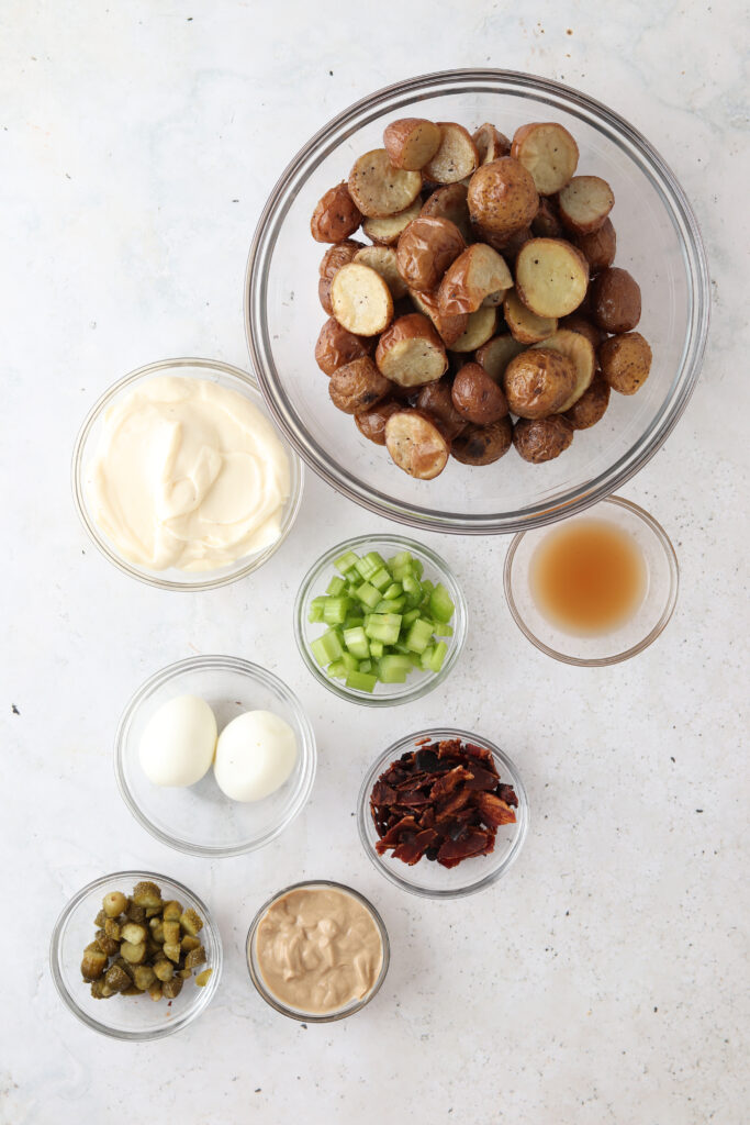 whole30 potato salad ingredients laid out in bowls