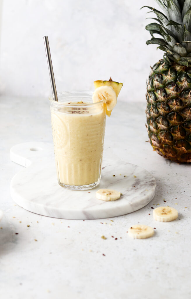 angle shot of a pineapple banana smoothie