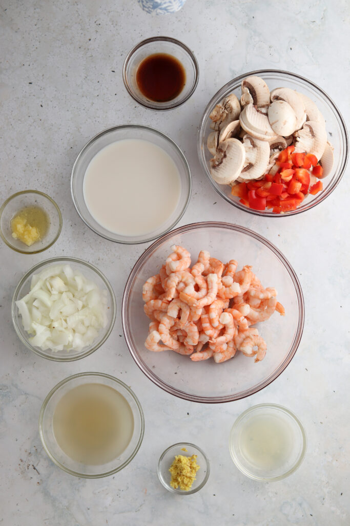 soup ingredients in bowls