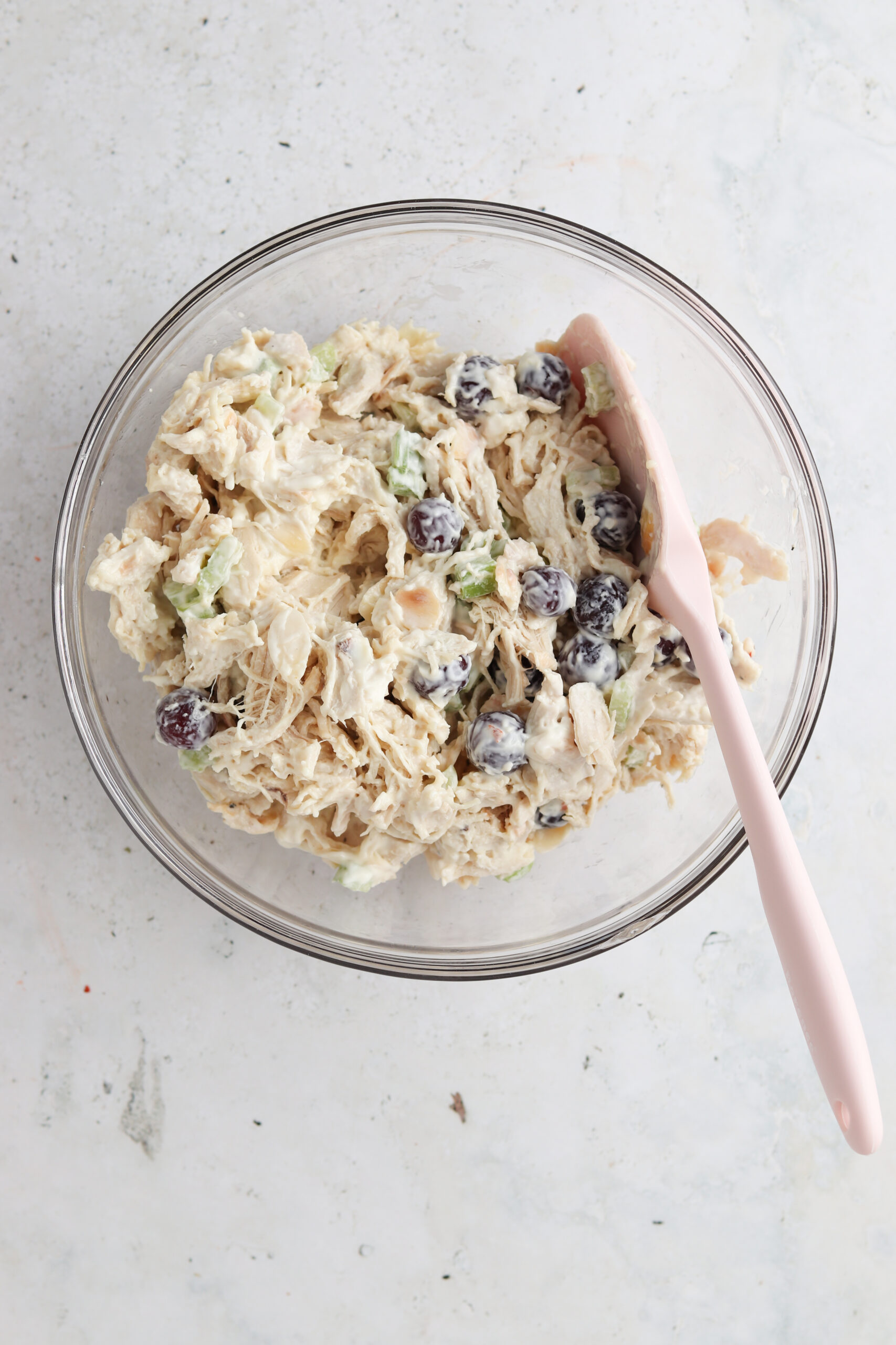 Whole30 chicken salad in a large glass bowl.