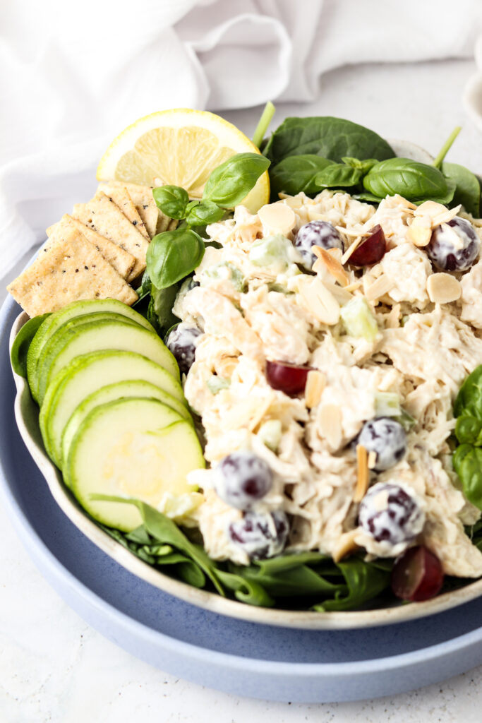 chicken salad in a bowl with celery and grapes