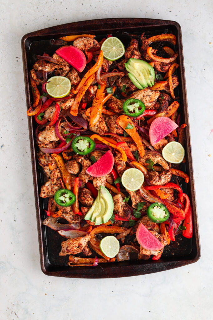 overhead shot of sheet pan chicken fajitas