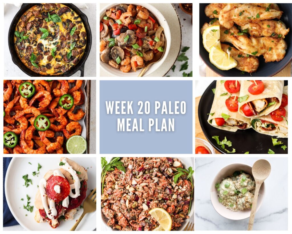 Photo collage of week 20 paleo meal plan of one breakfast and seven lunch or dinner options with pale purple accents