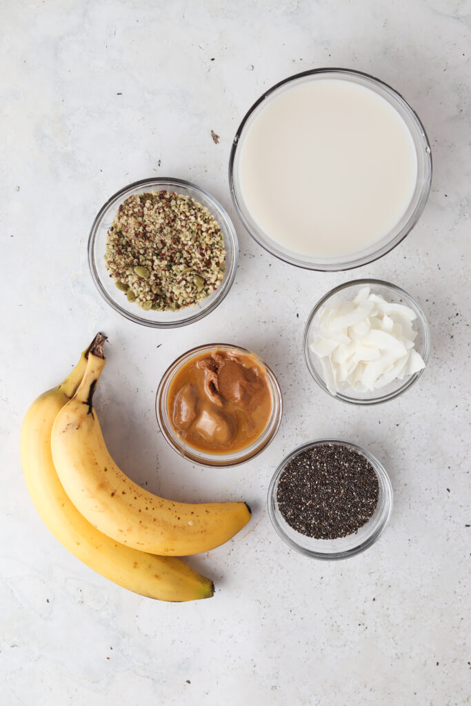 chia seed pudding ingredients laid out in bowls