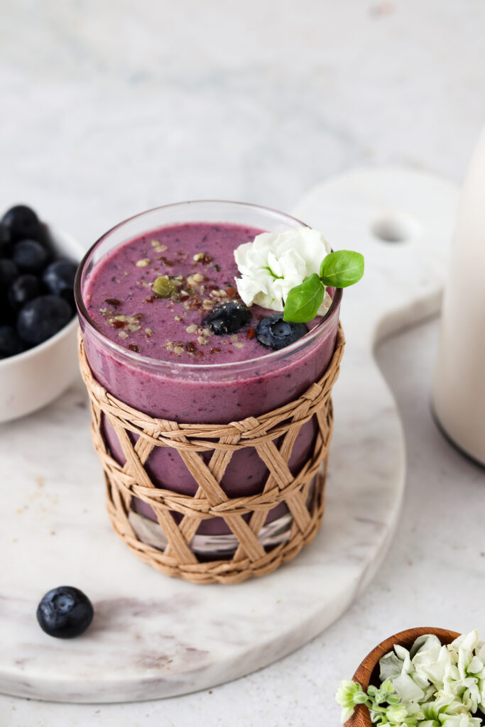 side angle of a blueberry strawberry smoothie