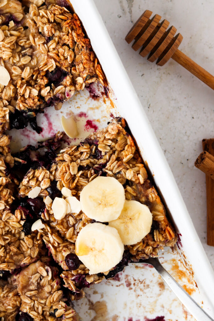 close up of blueberry baked oats in a pan