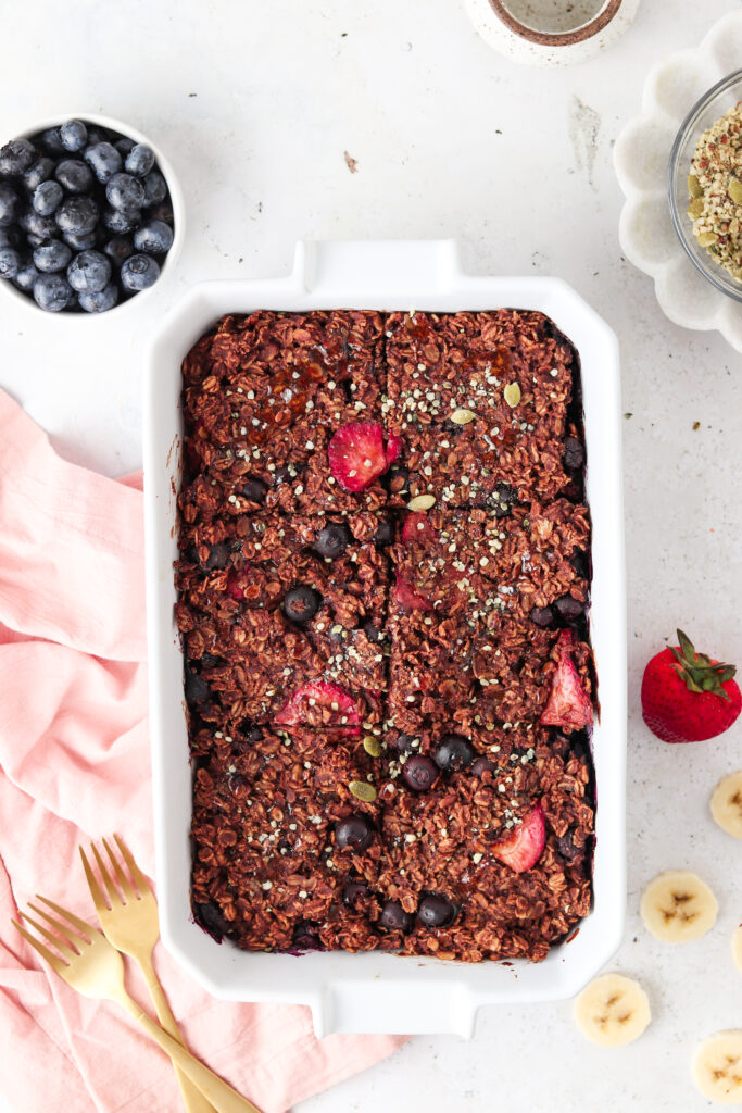 overhead shot of a chocolate oat bake