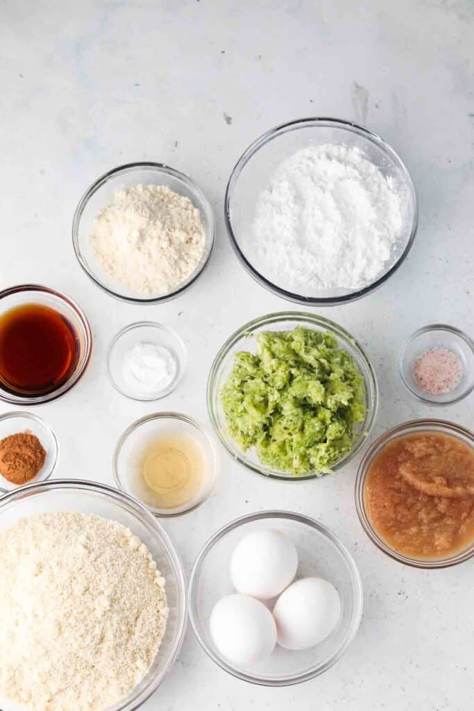 gluten free zucchini bread ingredients laid out in bowls