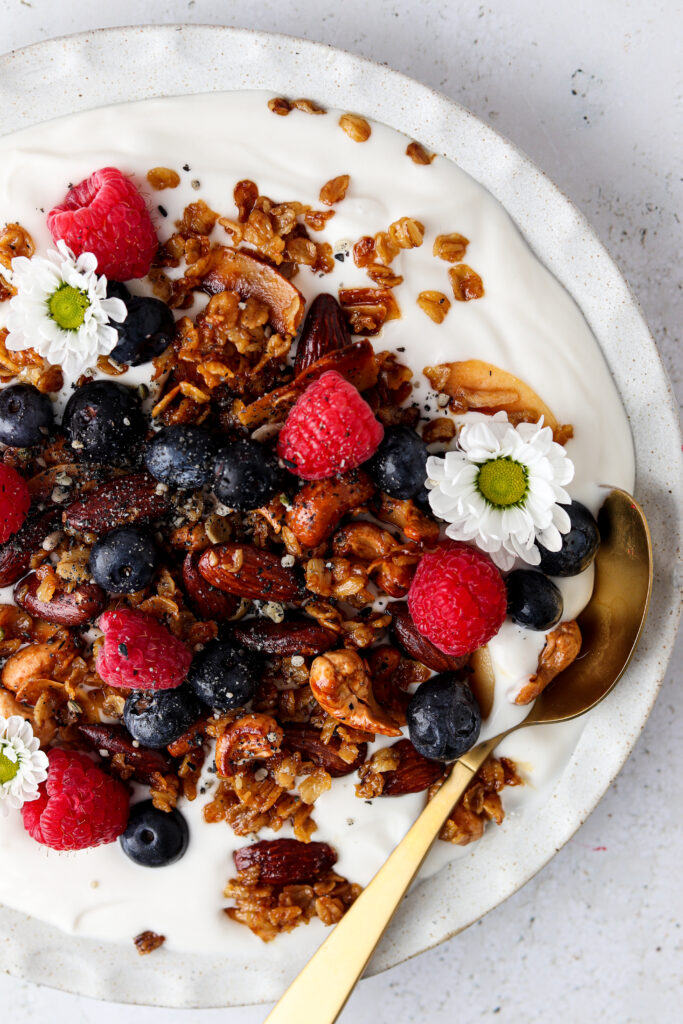 side show of grain free granola over dairy free yogurt