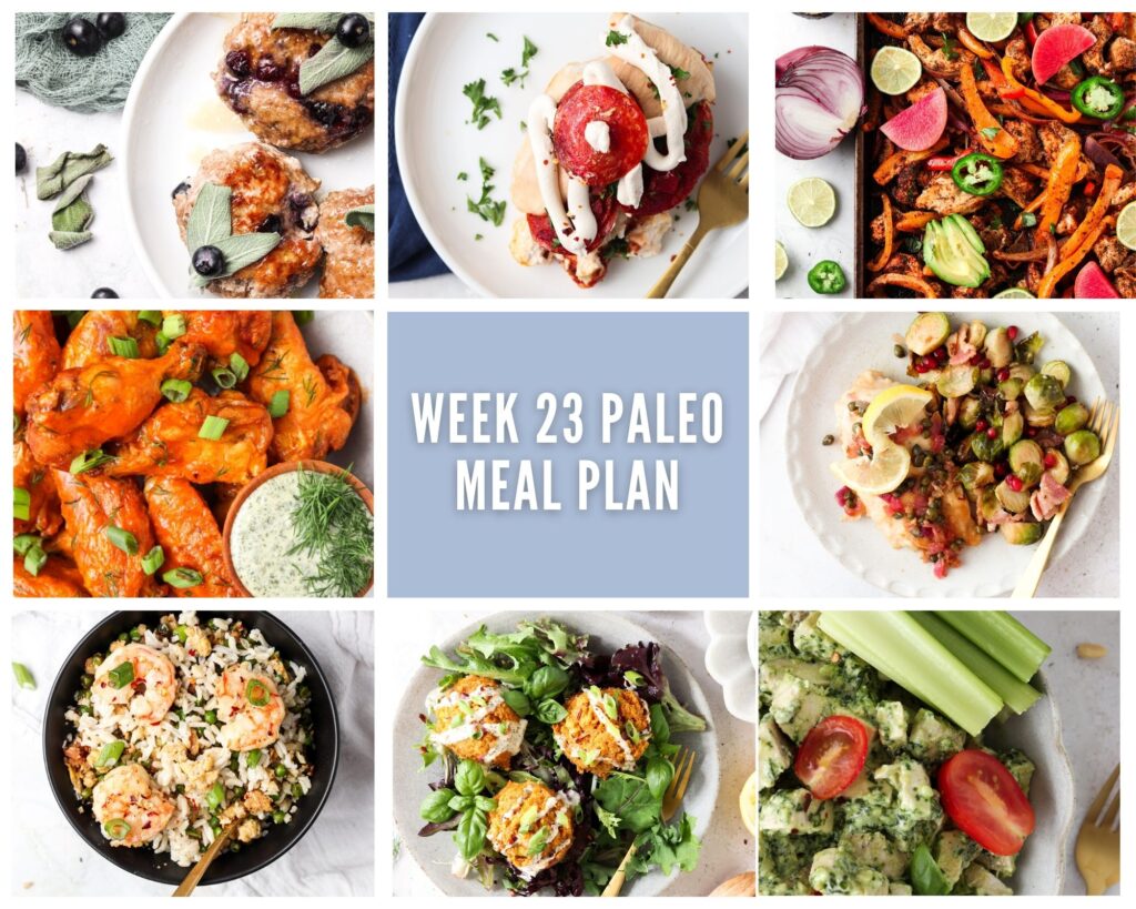 photo collage of paleo meals including one breakfast and seven lunch or dinner options with pale purple accent colors