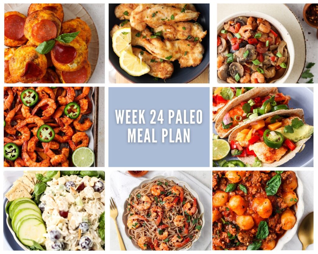 Week 24 Paleo Meal Plan photo collage with one savory breakfast option and sever lunch or dinner options with pale lavender accents