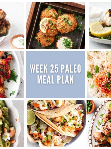 photo collage of complete paleo meal plan with one savory breakfast option and seven lunch or dinner options with lavender accents