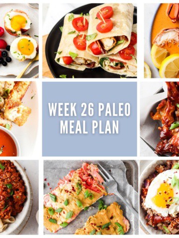 photo collage of one savory breakfast and seven lunch or dinner paleo meals with lavender accents