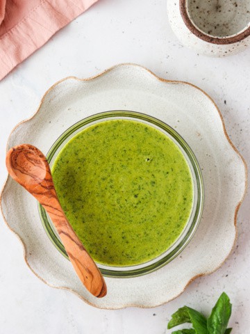 Nut free bright green pesto in a bowl.