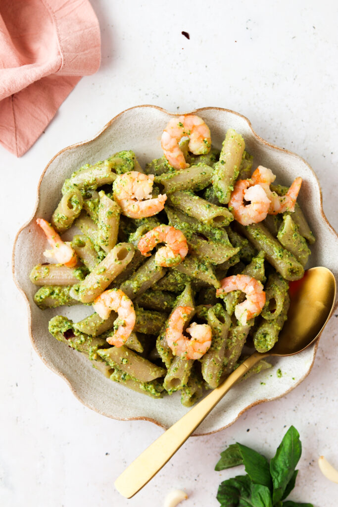 aip pesto over cassava noodles and shrimp