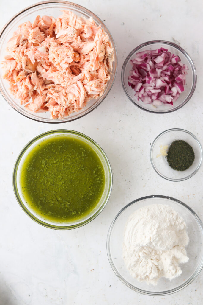 aip salmon cake ingredients in bowls