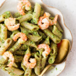 aip shrimp pesto pasta on a plate