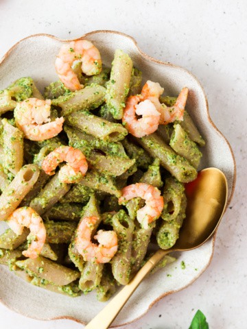 aip shrimp pesto pasta on a plate