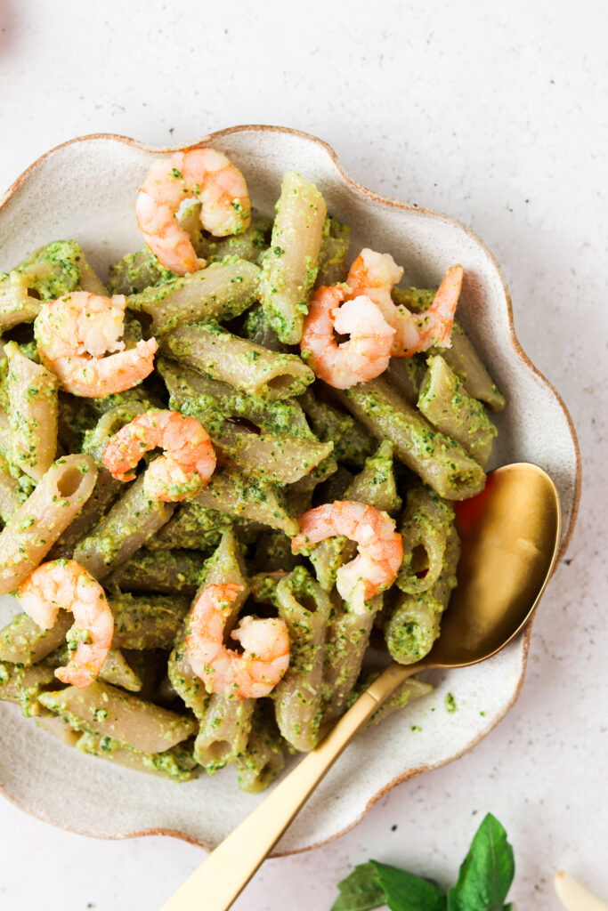 aip shrimp pesto pasta on a plate