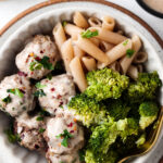 whole30 swedish meatballs in a bowl with broccoli