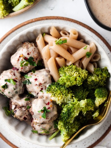 whole30 swedish meatballs in a bowl with broccoli