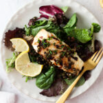 sea bass on a plate overhead shot